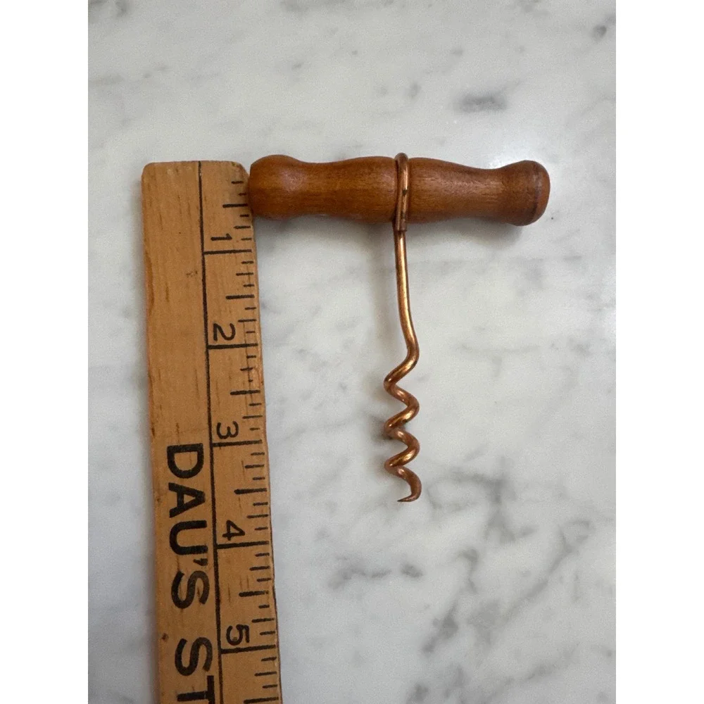 Vintage T-Handle Corkscrew Wood Handle Copper Tone Metal Wine Bottle Opener